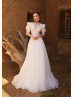 Short Sleeves Ivory Lace Chiffon Boho Beach Wedding Dress
